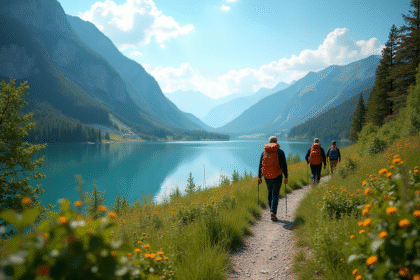 Randonneurs sur un sentier au bord du lac avec ciel bleu