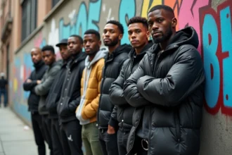 Groupe de rappeurs urbains devant un mur graffite