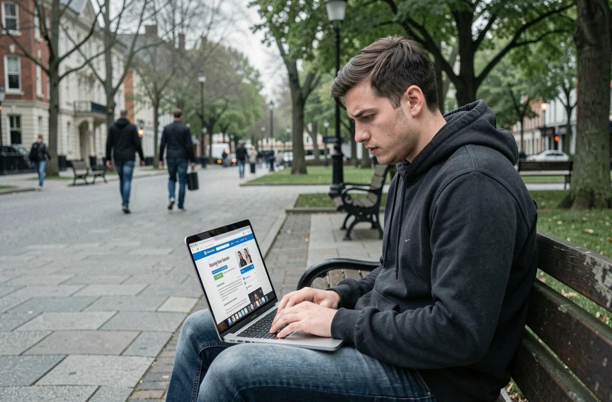 Jeune adulte recherchant sur internet si un numéro 118 712 est une arnaque depuis un parc urbain