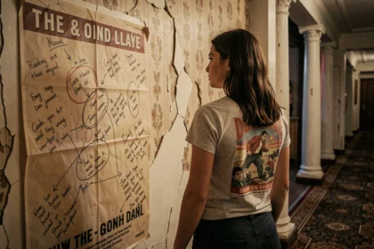 Jeune femme étudiant des affiches annotées dans un vieux hall de cinéma évoquant les références cachées de la saga Destination Finale