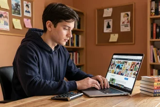 Jeune homme consultant un site alternatif de lecture de manga sur son ordinateur portable pour remplacer Sushu Scan