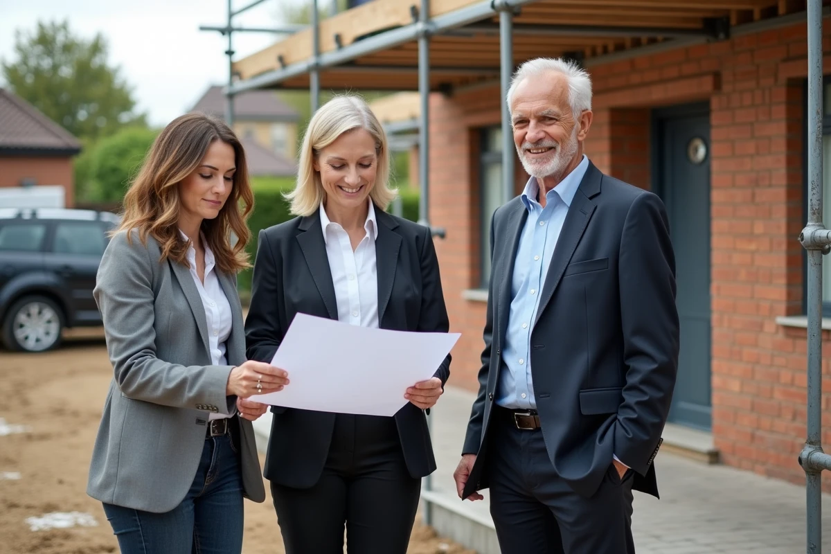 Une femme broker et un couple examine des plans devant une maison en construction