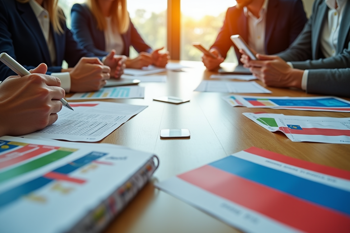 Réunion multilingue avec table et documents traduits