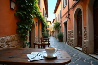Ruelle italienne pavée avec puzzle de mots croisés et café en terrasse évoquant les mots fléchés sur les villes d'Italie