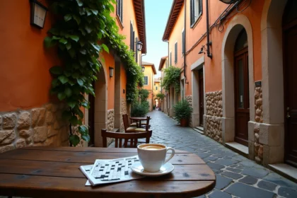 Ruelle italienne pavée avec puzzle de mots croisés et café en terrasse évoquant les mots fléchés sur les villes d'Italie