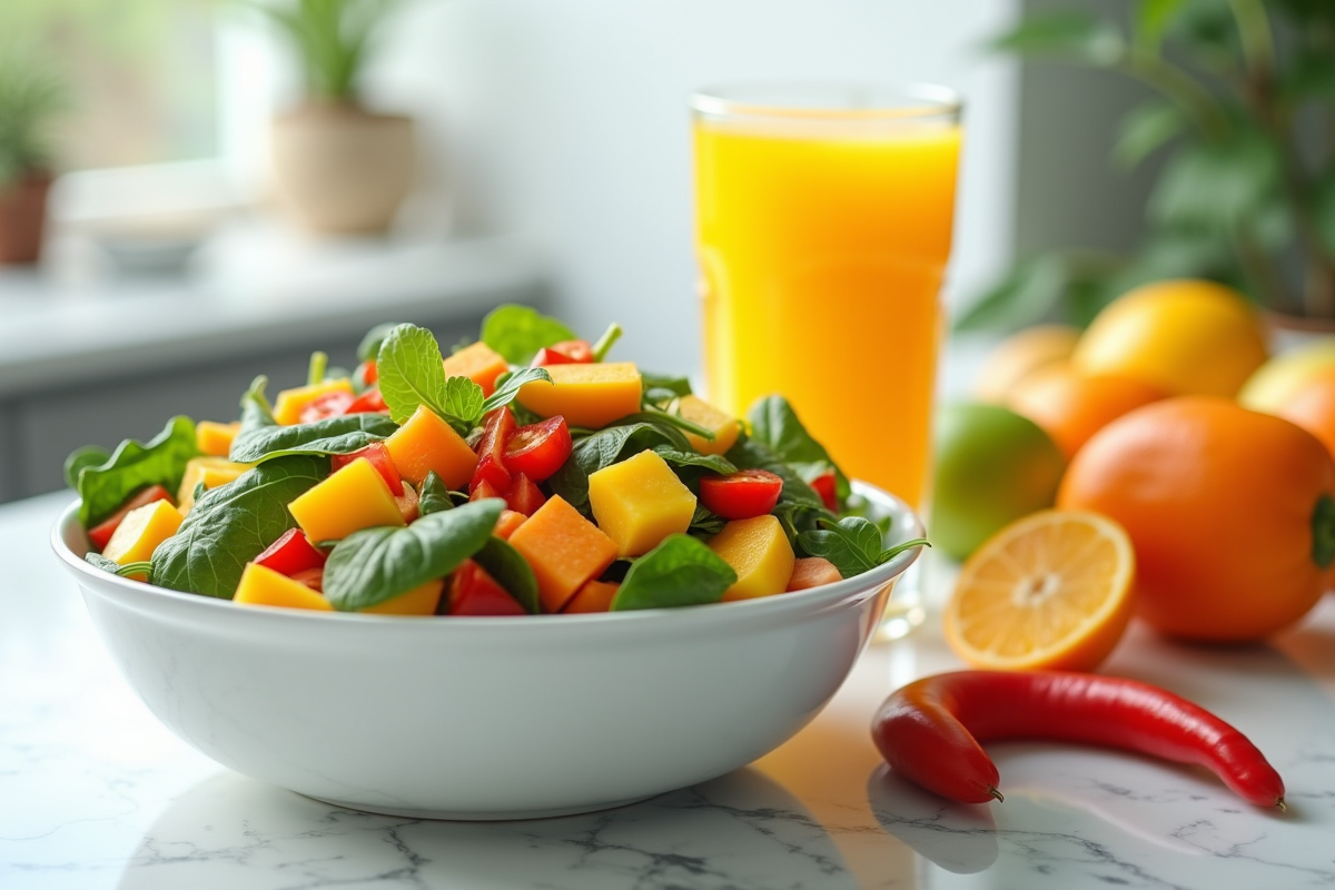 Salade colorée avec mangue et carottes dans une cuisine lumineuse