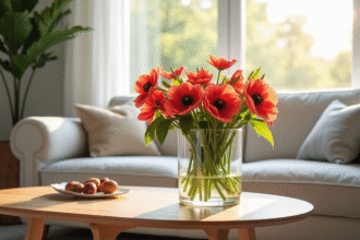 Salon moderne avec vase de fleurs anemones et amaryllis