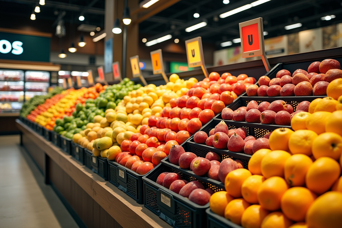 Section fruits en magasin avec paniers vides pour fruits U