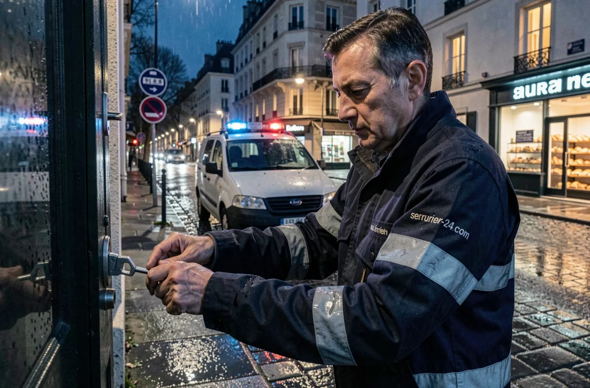 Serrurier de Serrurier 24 intervenant de nuit devant un immeuble parisien sous la pluie en situation d'urgence