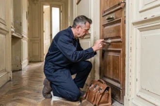 Serrurier professionnel inspectant une serrure dans un couloir haussmannien typique d'Île-de-France