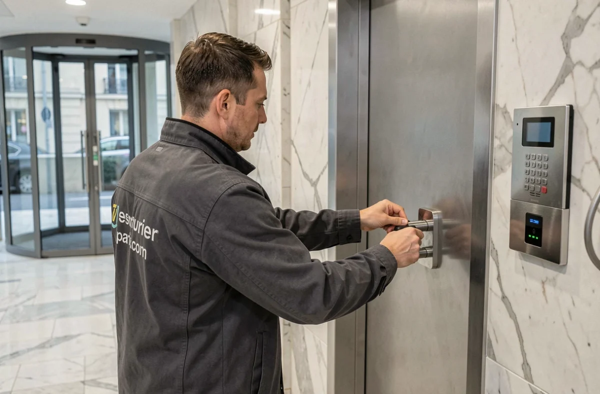 Serrurier de serrurier-paris.com installant une serrure haute sécurité dans le hall d'un immeuble moderne parisien