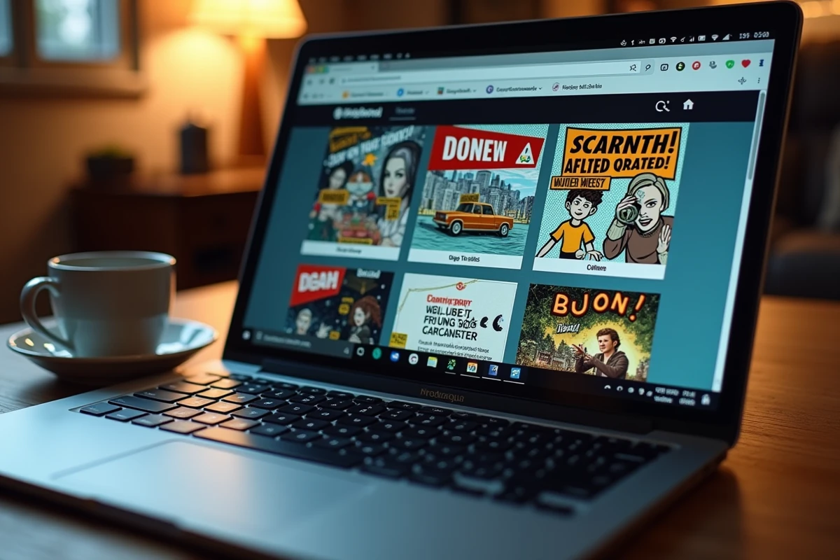 Écran d'ordinateur affichant un site de scantrad avec des pop-ups malveillants et alertes de sécurité, risques cybersécurité en ligne