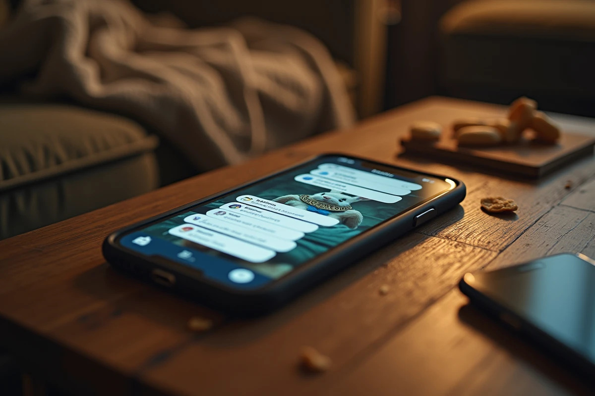 Smartphone affichant un mème du lapin blanc d'Alice avec des notifications de réseaux sociaux envahissantes