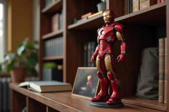 Statue de collection Iron Man en métal rouge et or posée sur une étagère en noyer dans un bureau de collectionneur