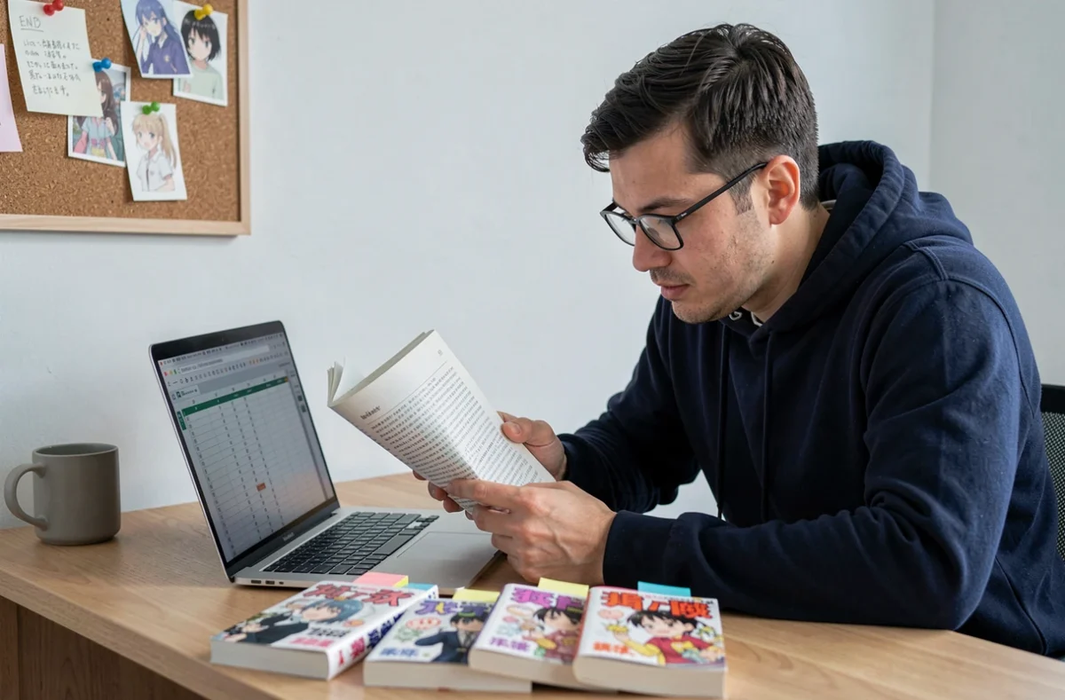 Homme utilisant un tableur numérique pour suivre ses chapitres de manga sur ordinateur portable