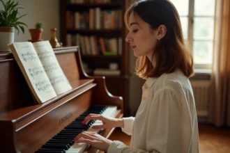 Pianiste jouant la partition de Mistral Gagnant sur un piano acoustique avec une tablature manuscrite posée sur le pupitre
