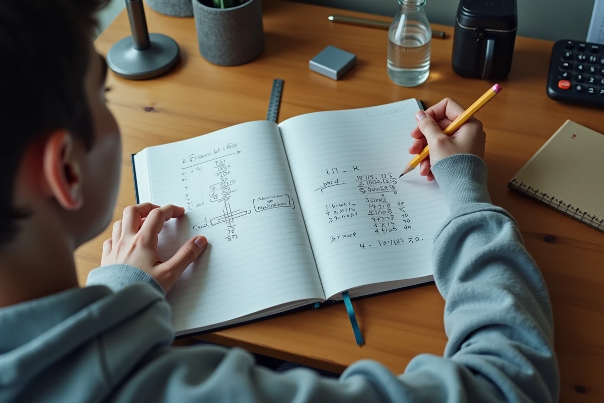 Adolescent faisant ses devoirs de maths avec un tableau de conversion des litres manuscrit dans un cahier scolaire