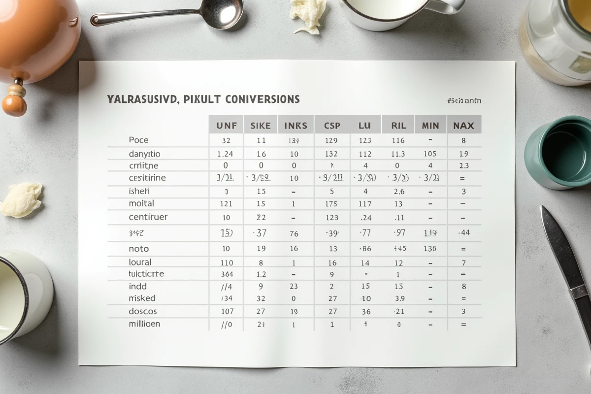 Tableau imprimé de conversion des litres posé sur un plan de travail avec ustensiles de mesure, vue de dessus