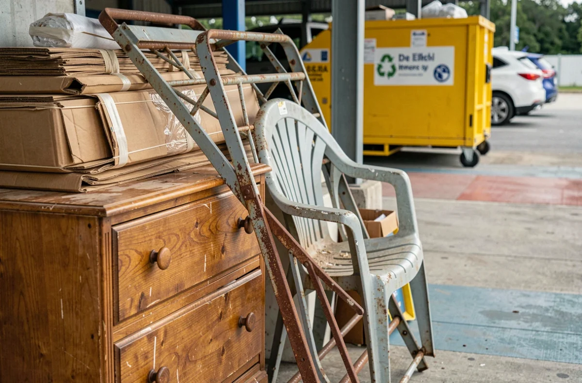 Tas d'objets encombrants triés et déposés dans une déchetterie, incluant meubles et ferraille