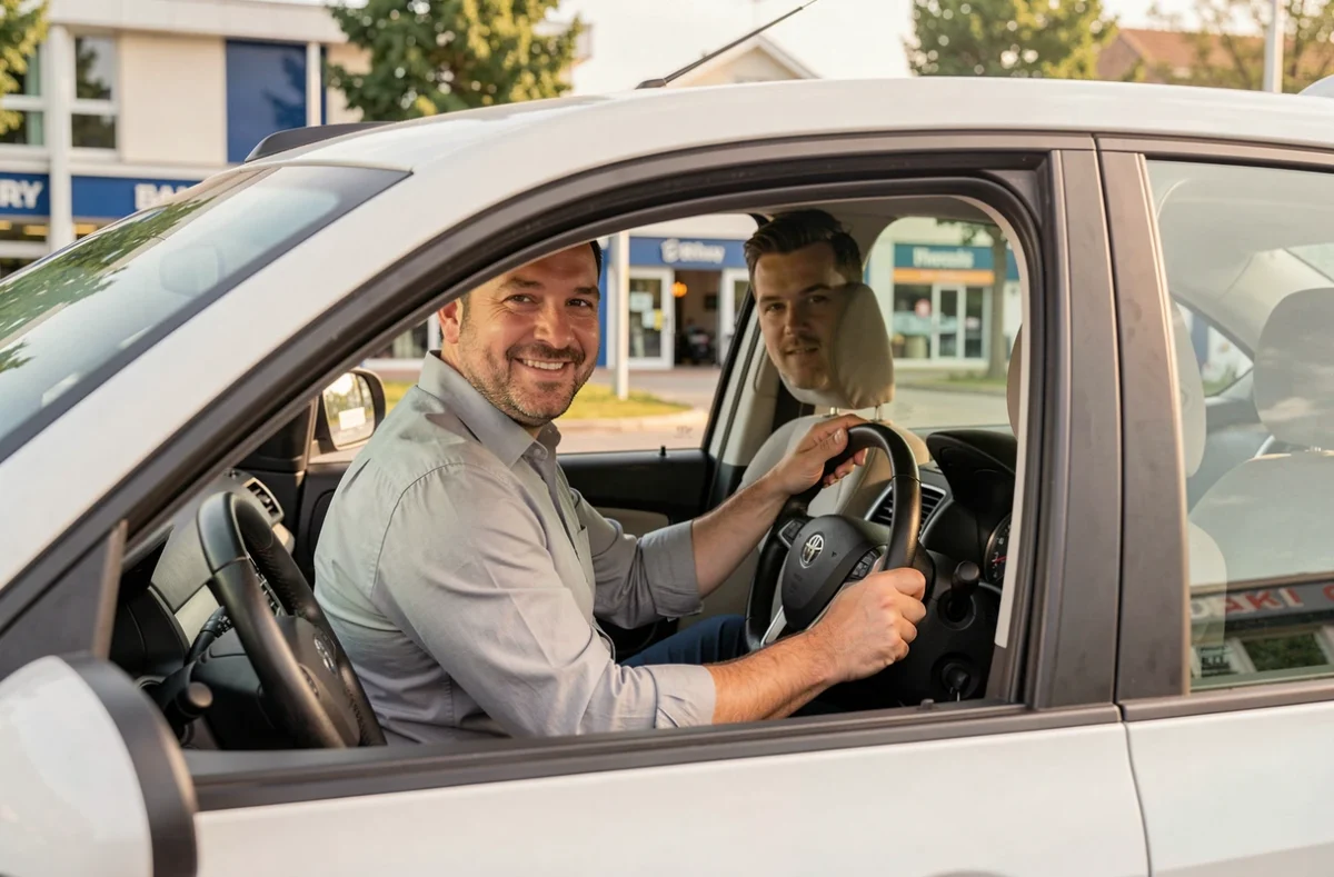 Chauffeur taxi souriant au volant d'une berline blanche à Bussy-Saint-Georges pour Taxi Julien