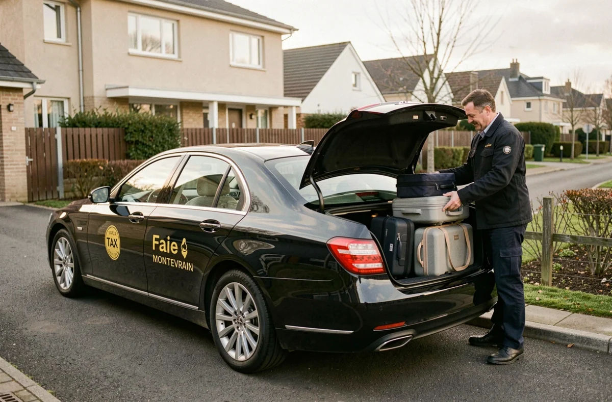 Chauffeur chargeant des bagages dans le coffre d'une berline noire devant une maison à Montevrain pour Taxi Saam Transfert