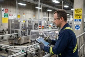 Technicien industriel inspectant une ligne automatisée