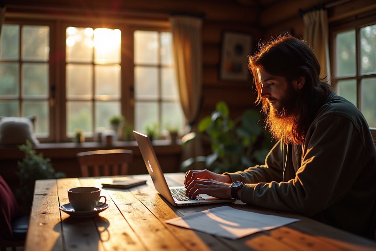 Personne travaillant dans une cabane chaleureuse avec un ordinateur portable et une tasse de café