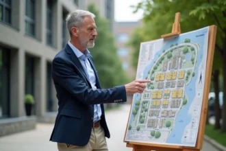 Urbaniste homme devant carte de zonage en extérieur