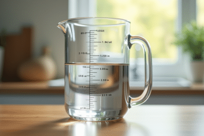 Verre mesureur d'eau sur plan de travail en cuisine
