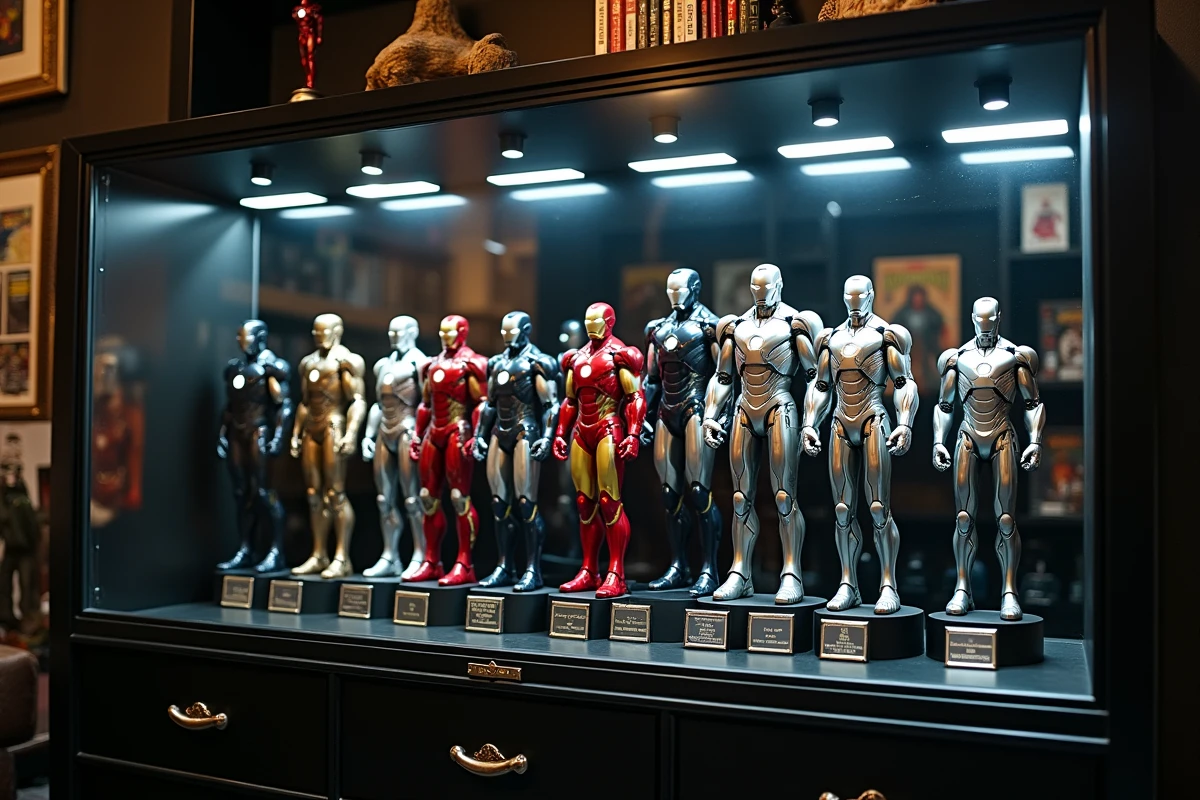 Vitrine de collection fermée présentant plusieurs statues Iron Man de différentes éditions sur des socles acryliques noirs