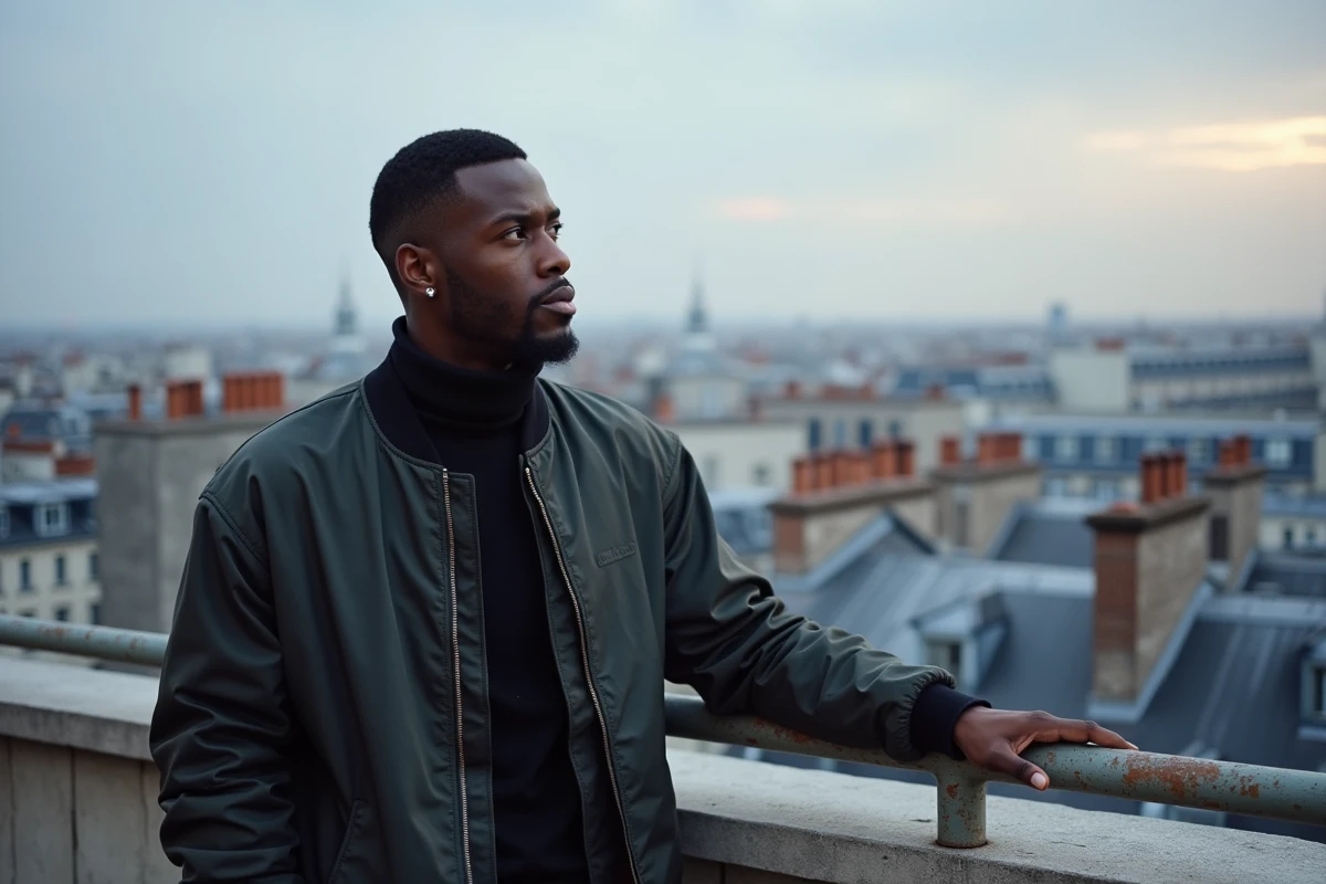 Artiste musical debout sur un toit parisien contemplant la ville, symbolisant les ambitions et les influences culturelles de Vlad Boudnikoff avant sa collaboration avec Aya Nakamura