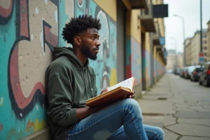 Jeune musicien urbain tenant un carnet de paroles devant un mur de graffitis dans une banlieue parisienne, évoquant les origines et l'inspiration artistique de Vlad Boudnikoff