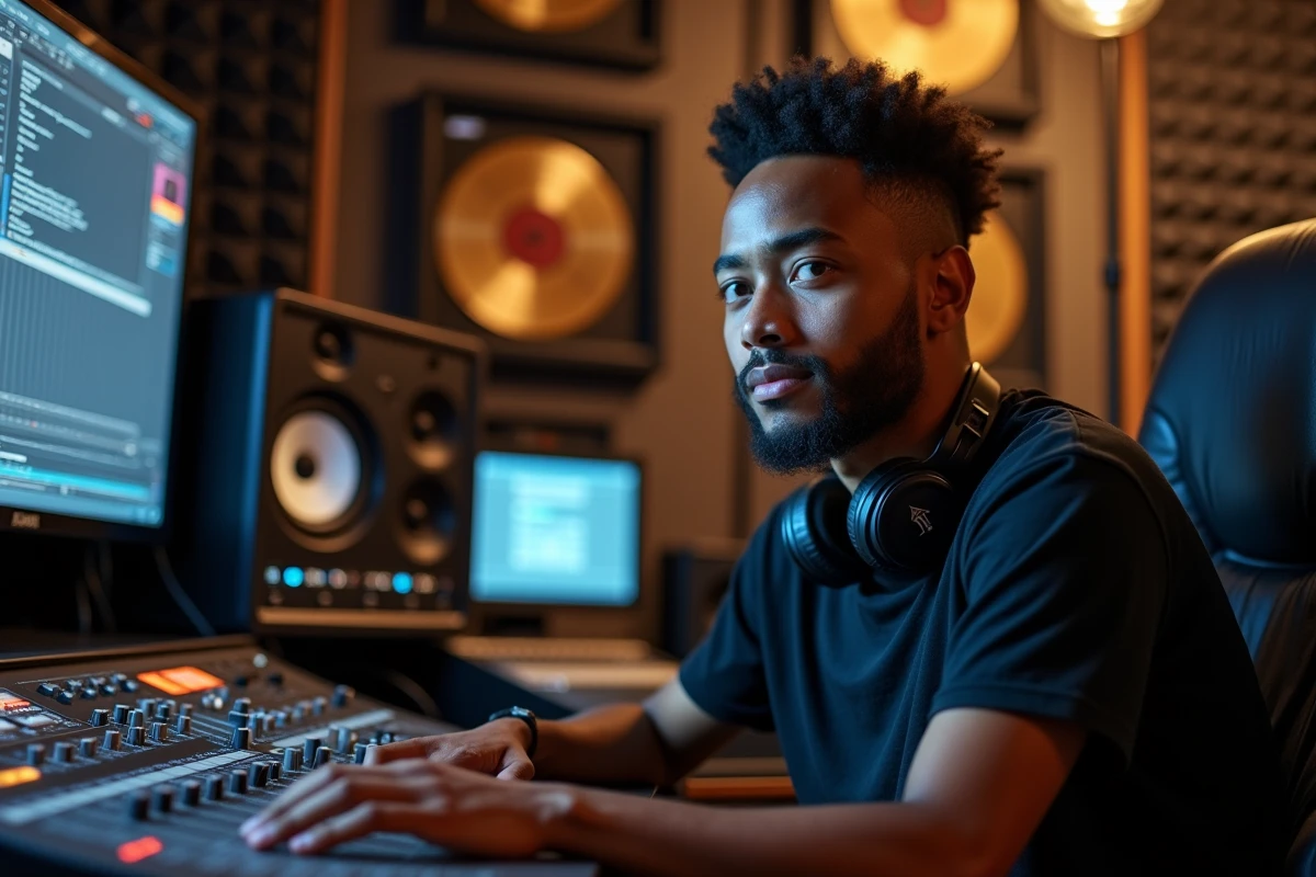 Producteur de musique aux origines mixtes africaines et est-européennes travaillant sur une console d'enregistrement en studio, illustrant la carrière musicale de Vlad Boudnikoff