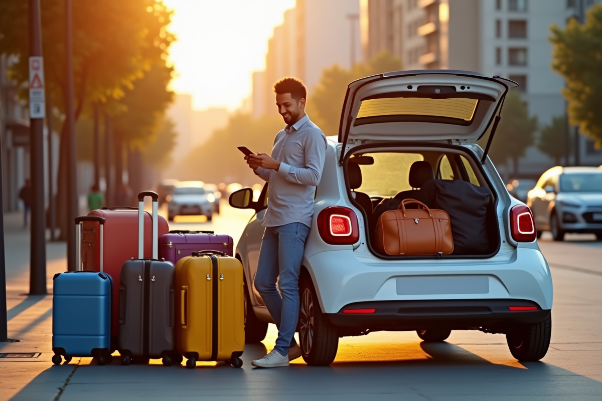 Voiture compacte chargée de bagages en ville