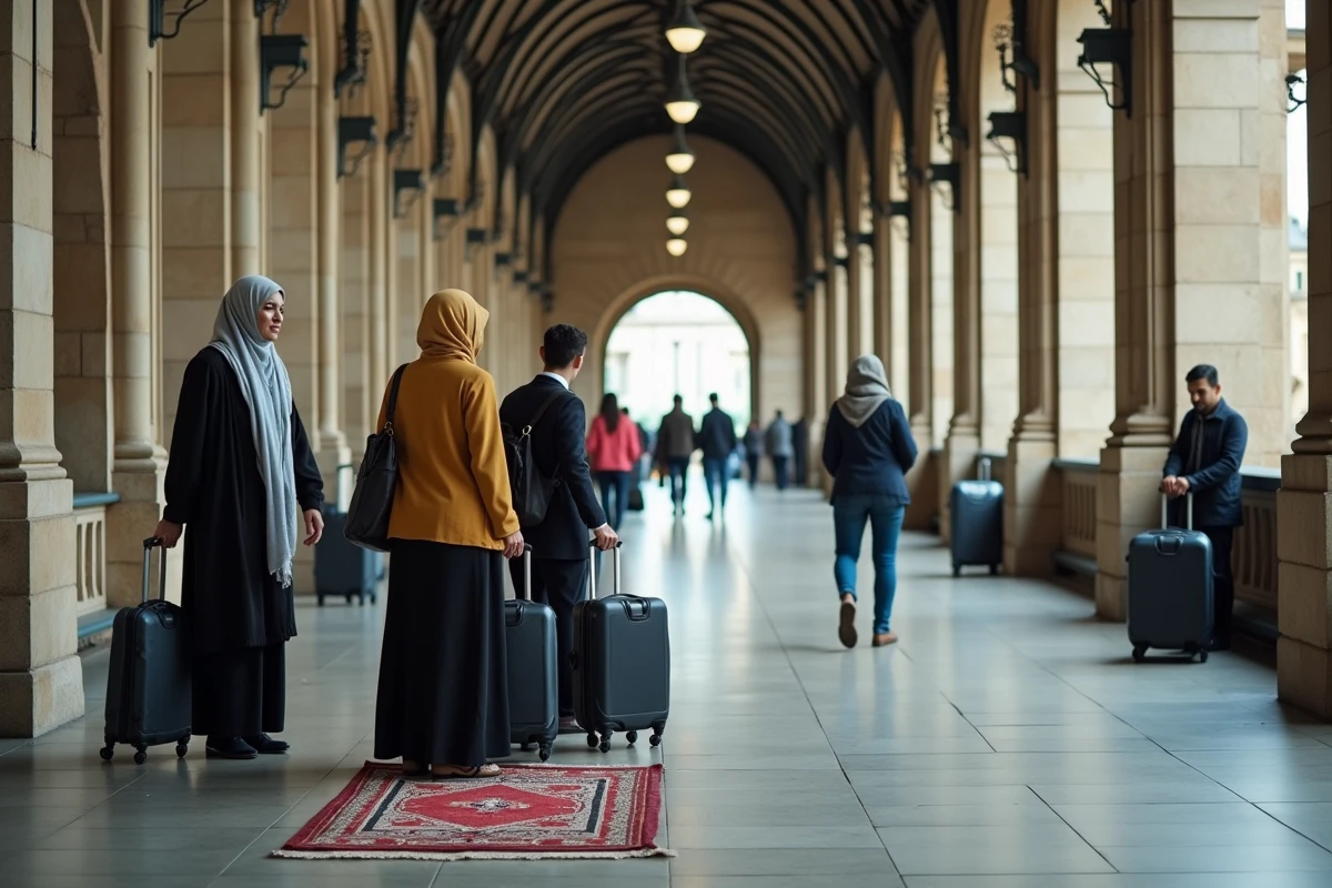 Voyageurs musulmans faisant une pause prière dans une gare parisienne avec bagages et tapis de prière portable