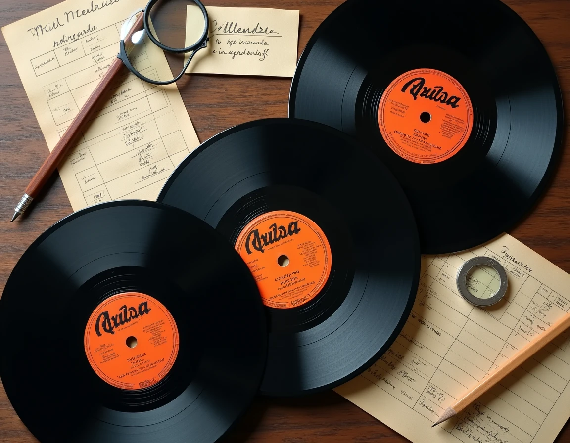 Vue aérienne de disques 78 tours en shellac avec fiches d'inventaire manuscrites sur une table en bois sombre