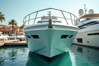 Yacht de luxe amarré dans une marina méditerranéenne, vue en contre-plongée sur la coque blanche et les ponts en teck poli