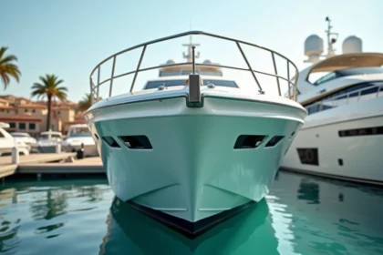 Yacht de luxe amarré dans une marina méditerranéenne, vue en contre-plongée sur la coque blanche et les ponts en teck poli
